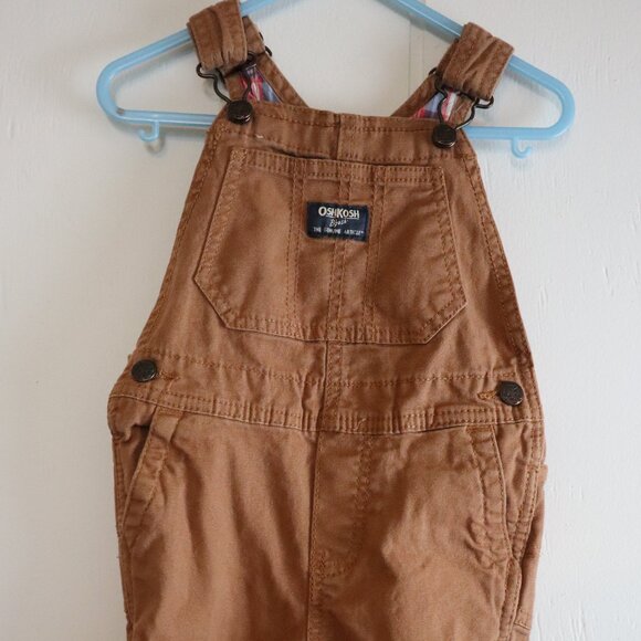Boys 24M Oshkosh Brown Overalls Vestbak Red Blue Plaid Fold Over Cuffs Carpenter - Picture 1 of 5